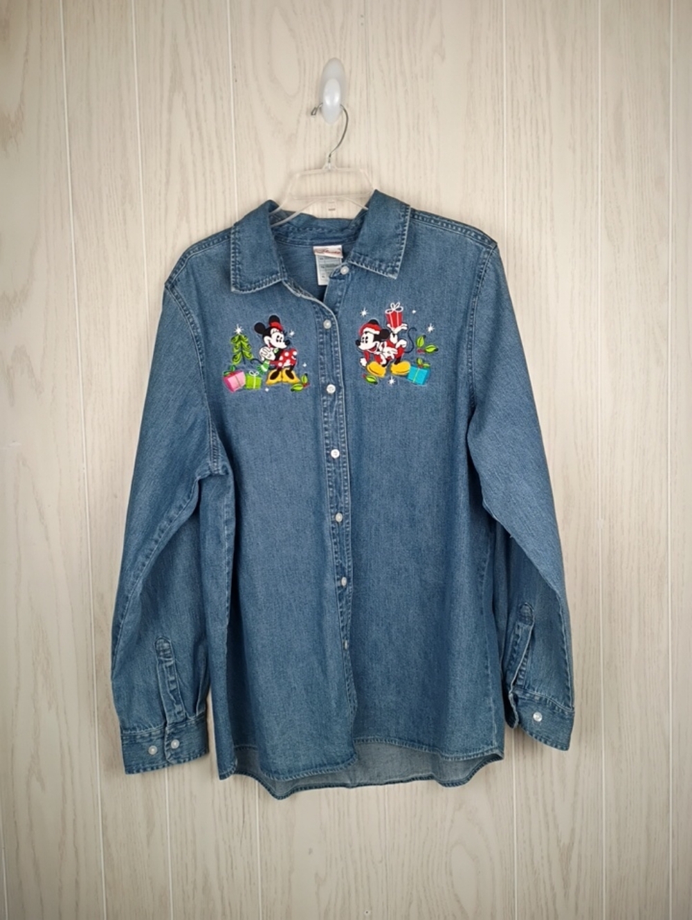 Disney Shopping Vintage Denim Jean Long Sleeve Shirt Mickey Minnie Christmas XL